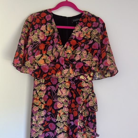 Saloni - Black w/ Pink, Orange & Gold Floral Print Maxi Dress Size 4 - Picture 6 of 14